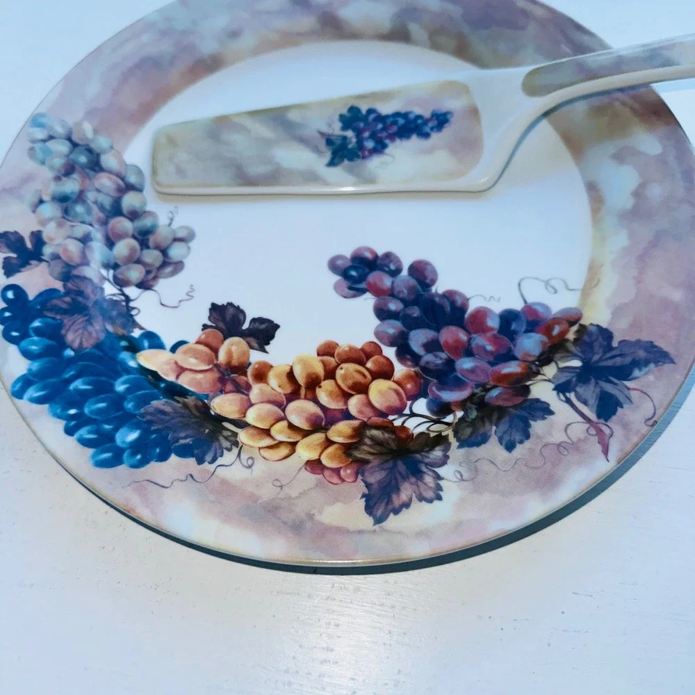 I. Godinger & Co. Porcelain Cake Plate and Server Set Grapes Motif Multicolor